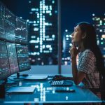 Portrait of a Financial Analyst Working on Computer with Multi-Monitor Workstation with Real-Time Stocks, Commodities and Exchange Market Charts. Businesswoman at Work in Investment Broker Agency, used in a post about WritePath