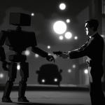 A detective apprehending a robot, generated with Midjourney