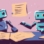 Two AI robots writing an essay, generated with Midjourney