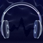 3D headphones with sound waves on dark background. Concept of electronic music listening and digital audio. Abstract visualization of digital sound waves and modern art. Vector illustration. (3D headphones with sound waves on dark background. Concept