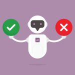 Robot holds a green check mark and red x on a purple background.