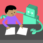 A robot helps a person write on two pieces of paper.