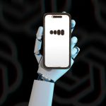 white robotic hand holding a phone with OpenAI's GPT-4o on the screen