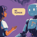 A student asking their AI assistant to be more human, generated with Midjourney