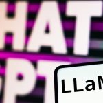 The LLaMA (Large Language Model Meta AI) logo seen displayed on a smartphone and the ChatGPT (OpenAI) logo in the background.