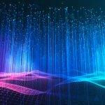 Abstract image of big data wave and information vertical line dots on a dark background.