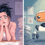 A stressed job seeker vs. a relaxed robot, generated with Midjourney