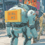 A robot carrying the load of a job seeker, generated with Midjourney