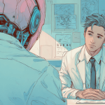 An AI on a job interview, generated with Midjourney