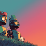 Two robots painting the sunrise, generated with Midjourney