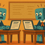 Two AI robots desperately trying to finish their essays, generated with GPT-4o