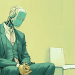 A robot pretending to be a person, generated with Midjourney