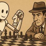 An AI and a detective locked in a chess battle, generated by ChatGPT
