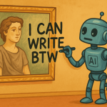 An AI robot telling an artwork that it can write, generated with 4o