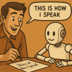 A human teaching a robot how to speak like him, generated with ChatGPT