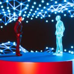 Ready or not, enterprises are betting on AI Man standing on a red platform, facing a holographic digital twin of himself. The background features a network of interconnected blue lights, creating a futuristic and high-tech atmosphere. The scene represents concepts of digital twins, virtual reality, and advanced technology.