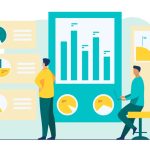 Office workers analyzing and researching business data vector illustration. Marketing analysts developing strategy. Business people studying infographics and diagrams on dashboard