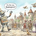A robot trying to emulate Shakespeare, generated with Gemini