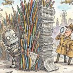 A robot hiding from detectives behind pens and papers, generated with Gemini